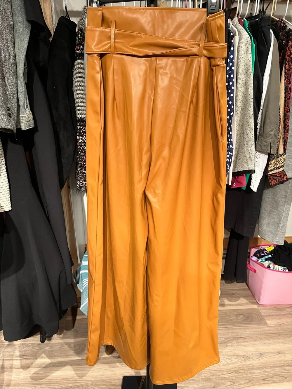 High-Waist Faux Leather Wide-Leg Pants with Belt - Tan